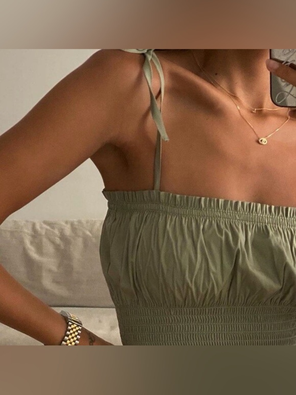 DANIELLE BERNSTEIN Olive Green Smocked Tie-Strap Crop Top
